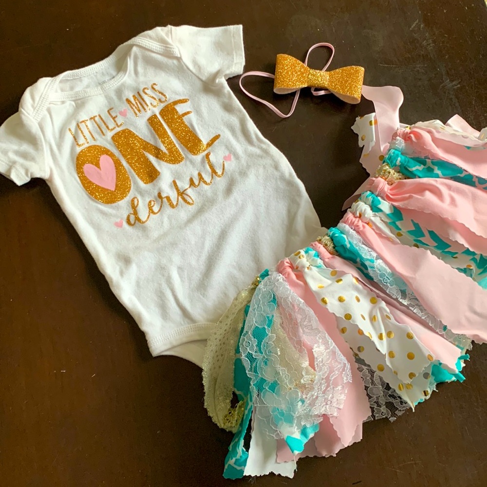 One year old girl birthday onsie and skirt with headband